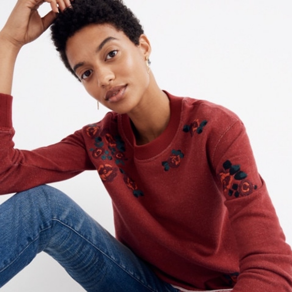 Embroidered Cutoff Sweatshirt in Deep Crimson